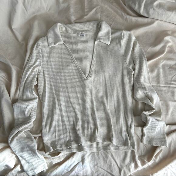 Aritzia Tops - Wilfred | Aritzia Cream Soft Knit Ribbed V-neck Collar Long Sleeve Top
